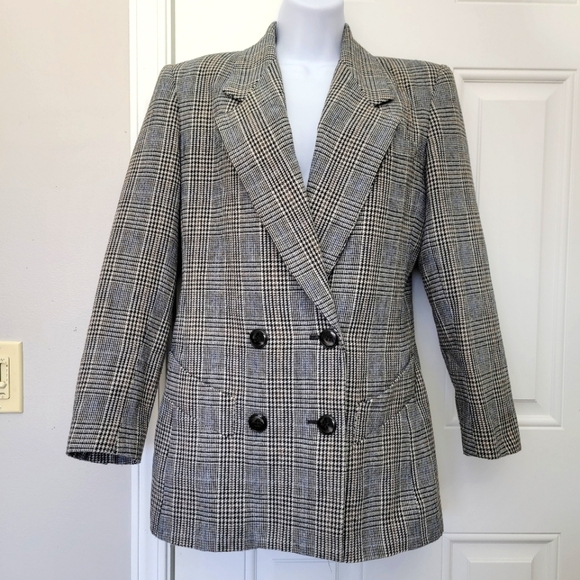 Sasson Vintage 90s Wool Blend Women's Blazer Glen Check Double Breasted Size 6 - Picture 1 of 11